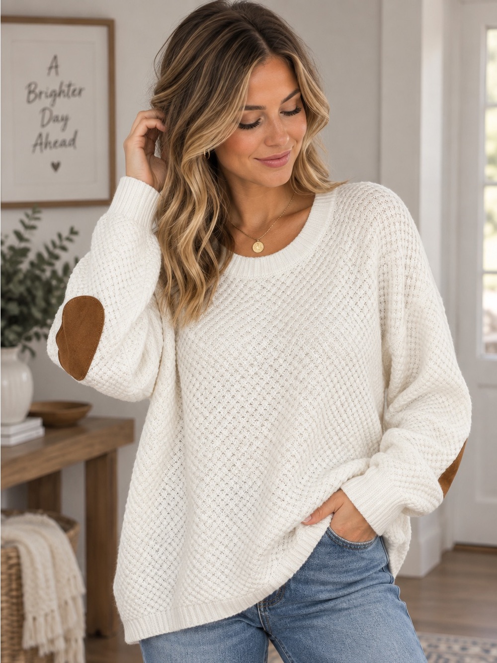 Women's Cream Scoop Neck Textured Knit Sweater